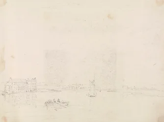Schets van boten en een groot gebouw, vanaf de Medina-rivier