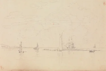 Schets van Zeilboten in een Haven