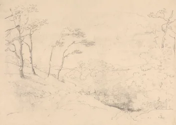 Schets van bomen en heuvels boven de Barton Farm House, Isle of Wight