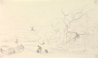 Schets van een huisje bij de rivier met een windmolen in de verte