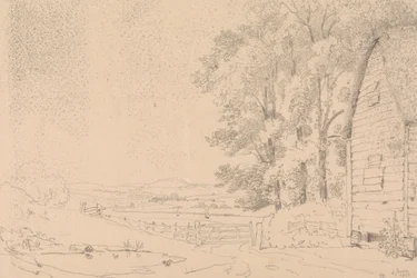 Schets van een gebouw met rieten dak en een rivier daarachter
