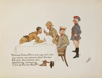 Verdedigingscommandanten bewijzen dat de twee 6.3 inch Howitzers absoluut noodzakelijk zijn in zijn specifieke sectie, uit The Leaguer of Ladysmith, 1900