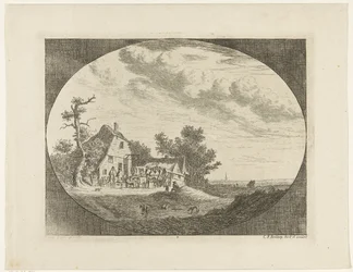 Landschap met herberg en rustende paarden en wagens en ruiters