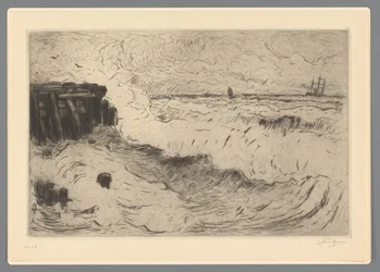 Wilde zee met een zeilschip bij een pier