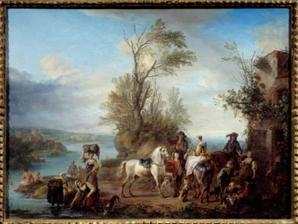 Jacht, wasvrouwen en zwemmen aan de oever van een rivier