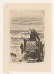 Dame, zittend op een pier aan het water