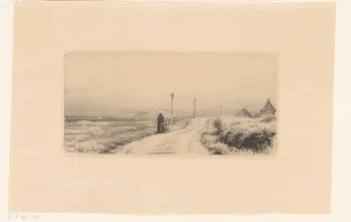 Landweg met wandelende dame en kind