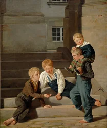 Jonge jongens die dobbelstenen spelen voor Christiansborg Kasteel, Kopenhagen, 1834