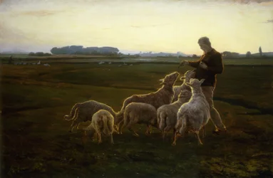 Een herder en zijn schapen met ganzen daarachter
