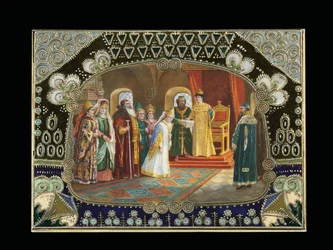 Detail van het geschilderde cartouche van een tafeldoos, met afbeelding van Tsaar Alexei Mikhailovich die een bruid kiest, ca. 1908-1917