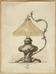Tekening van een zilveren tafellamp met een gedraaide gegroefde body in rococostijl, Huis van Carl Faberge