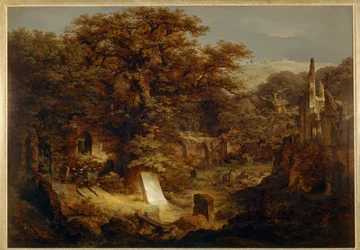 Begraafplaats en ruïnes overwoekerd door bomen ...