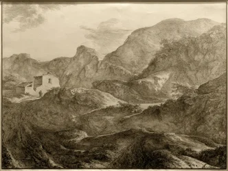 Berglandschap, links een huis met een wandelaar ervoor