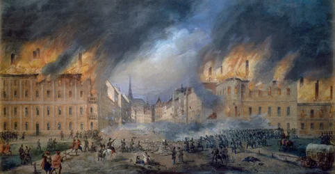 Slag bij Sternbarrikade in Jagerzeile op 28 oktober 1848, revolutie in Wenen, brand in de stad