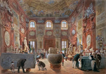 De grote marmeren zaal van het Onderste Belvedere met de sculpturen van de antiekcollectie