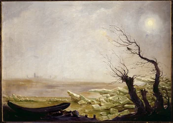 Boot gevangen in ijsschotsen (olieverf op doek)