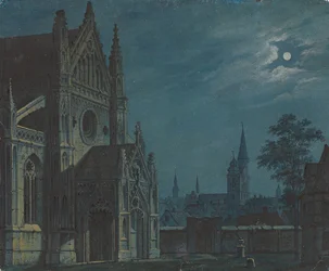 Duits: Maanlicht over de binnenplaats van een gotische kerk met rijk traceerwerk / Voorhof van een gotische kerk bij maanlicht