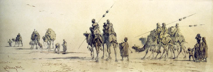 Een karavaan van Bedoeïenen nadert een put in de woestijn, 1868