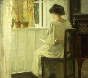 Een Vrouw die Leest in een Zonovergoten Interieur