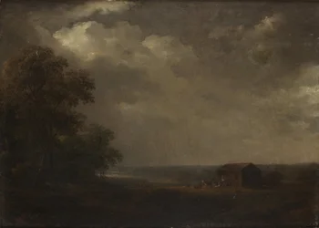 Landschap met huizen en vee