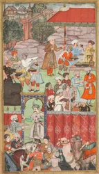 Een feest voor Babur georganiseerd door zijn halfbroer Jahangir Mirza in Ghazni in mei 1505, uit een Babur-nama (Herinneringen van Babur)