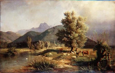 Bergachtig Bebost Landschap met Paarden en Schapen