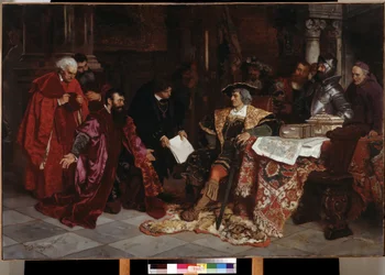 Keizer Maximiliaan I (1459-1519) ontvangt de Venetiaanse ambassadeurs in Verona