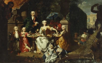 Een familiegroep op een terras in de tuinen van een villa, mogelijk George Jackson en zijn familie, 1737