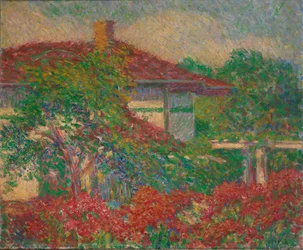 Landschap met rood dak gebouw, ca. 1880-1910
