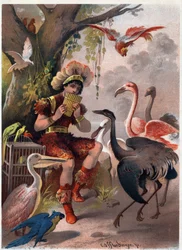 Papageno met een panfluit brengt de vogels uit het bos. Illustratie door Carl Offterdinger (1829-1889) in 