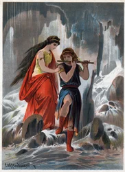 Prins Tamino en prinses Pamina staken zonder angst de stromende waterstammen over en de prins bleef fluit spelen. Illustratie van Carl Offterdinger (1829-1889) in «De toverfluit». (Die Zauberflöte, flauto magico, The Magic Flute) Pri