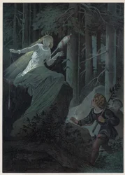 De fee die wegvlucht met een gouden spinrok zong het lot van een gouden knoop. Illustratie door Carl Offterdinger (1829-1889) in 