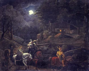 Ridder voor de hut van de houtskoolbrander