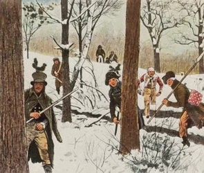 Pruisische soldaten ontsnappen uit Franse gevangenschap, januari 1807 (kleurenlitho)