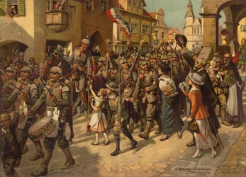 De mobilisatie in 1914. Afbeelding voor geschiedenisles op scholen, 1915