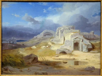 Het graf van Archimedes in Syracuse. Schilderij van Carl Rottmann (1798-1850), Duitse School.