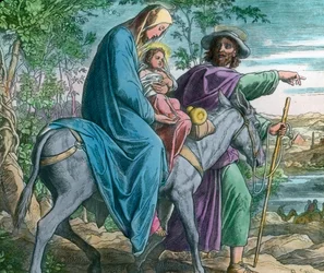 Vlucht naar Egypte. Bijbelse illustratie door Duitse schilder Julius Schnorr von Carolsfeld