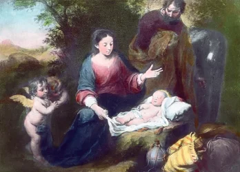 De slapende Christus Kind met Engelen, Maria en Jozef. Schilderij door Spaanse barokschilder Bartolome Esteban Murillo