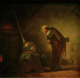 De alchemist met boek in de linkerhand