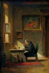 Geleerde monnik aan het bureau