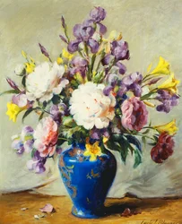 Stilleven met pioenen en iris