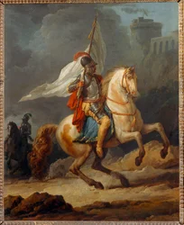 Cavalier en armure tenant un drapeau - Gepantserde ridder die een vaandel draagt ...