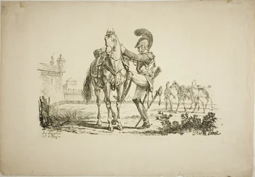 Schutter die een paard bestijgt