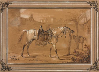 Gezadeld Arabisch paard in binnenplaats, 1820