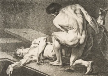 Een Académie: Een man tilt de benen van een andere man op, 1742-43