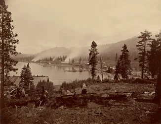 View of Gleenbrook [sic] Bay, Lake Tahoe, Showing Saw Mills, Breakwater and Steamers of Carson and Tahoe Lumber and Flume Co., also Lake Terminus of Lake Tahoe, N.G.R.R.