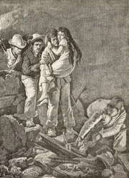 Een meisje wordt gered nadat haar huis instortte, aardbeving in Casamicciola, Italië, gravure naar een tekening van E Sanesi en een schilderij van Carlo Ademollo, uit L