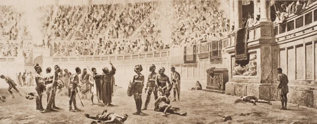 De monnik Almachius probeert de gladiatorengevechten te stoppen, illustratie uit 