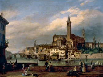Uitzicht langs de Adige rivier in Verona, met de kerk van St. Anastasia op de achtergrond