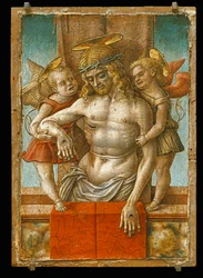 De dode Christus ondersteund door twee engelen ...